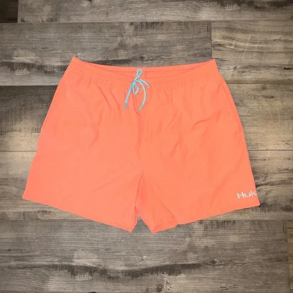 Huk Swim Trunks Mens Coral Orange Board Shorts Fishing Lined Medium - Picture 1 of 5